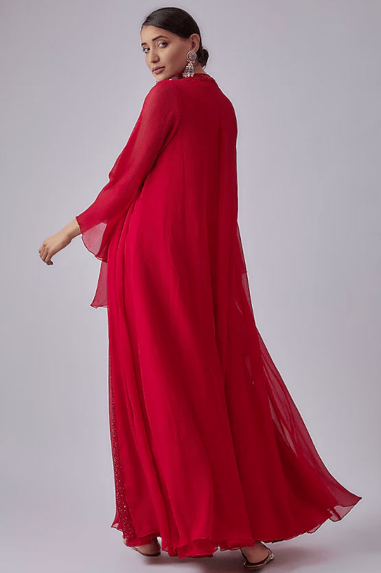 Red Organza Jumpsuit With Jacket - Image 2