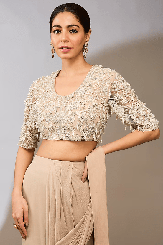 Champagne Chiffon Draped Ruffled Saree Set - Image 3