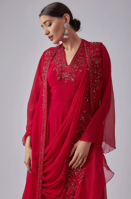 Red Organza Jumpsuit With Jacket - Image 3