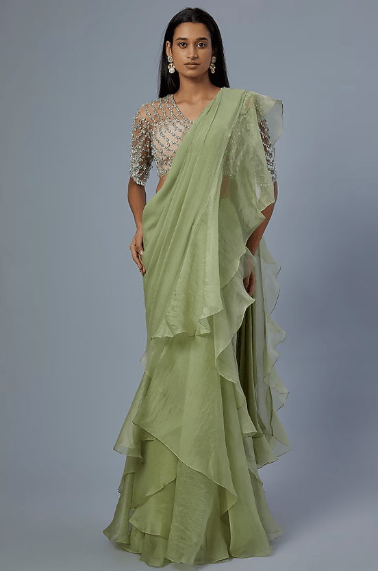 Mint Green Chiffon Organza Draped Ruffled Saree Set