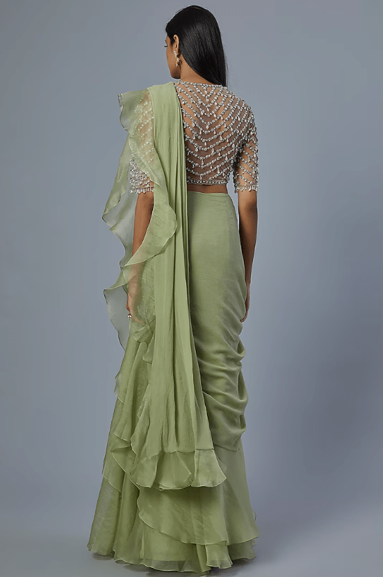 Mint Green Chiffon Organza Draped Ruffled Saree Set - Image 2