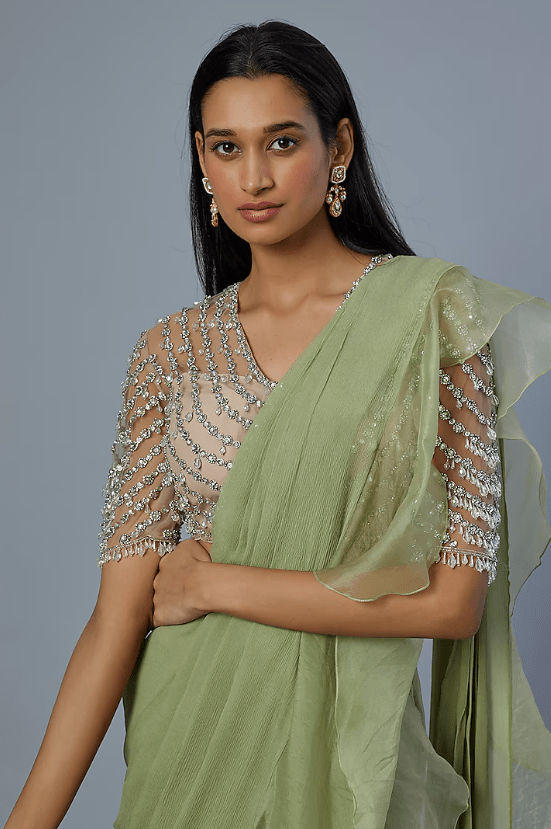 Mint Green Chiffon Organza Draped Ruffled Saree Set - Image 3