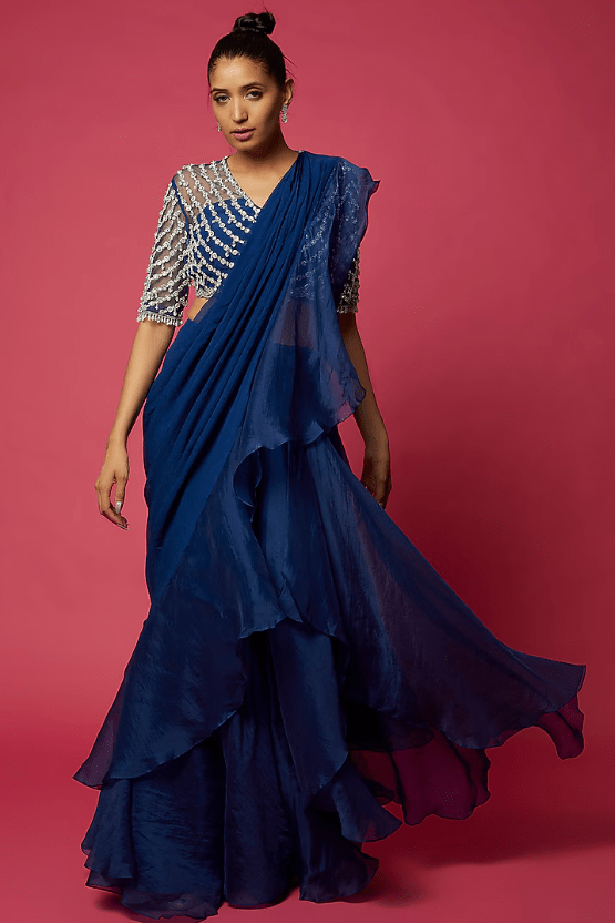 Navy Blue Organza Draped Ruffle Saree Set