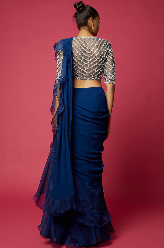Navy Blue Organza Draped Ruffle Saree Set - Image 2