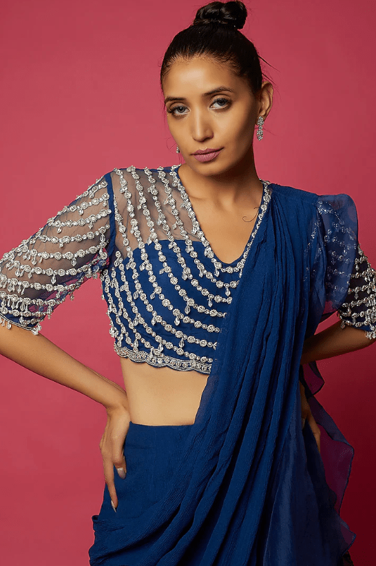 Navy Blue Organza Draped Ruffle Saree Set - Image 3