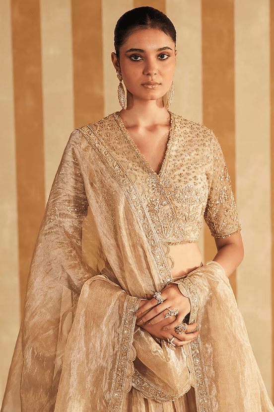Gold Tissue Embroidered Lehenga Set - Image 4