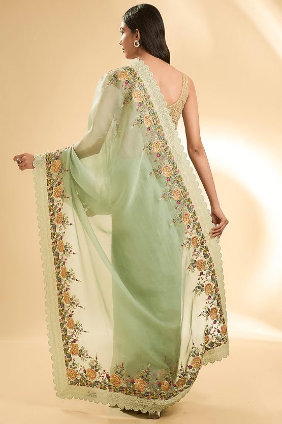 Mint Green Organza Thread Embroidered Saree Set - Image 2