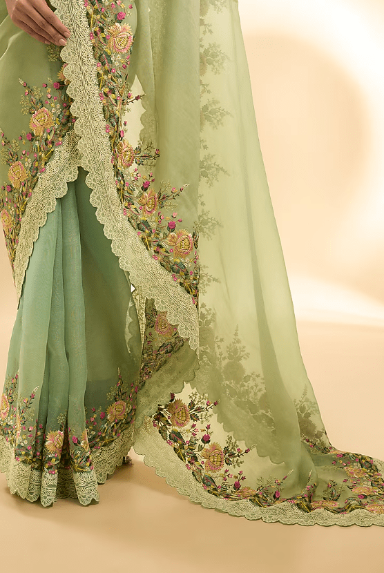 Mint Green Organza Thread Embroidered Saree Set - Image 3
