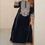 Black Silk Velvet Kiran Dori Embroidered Long A-line Kurta Set