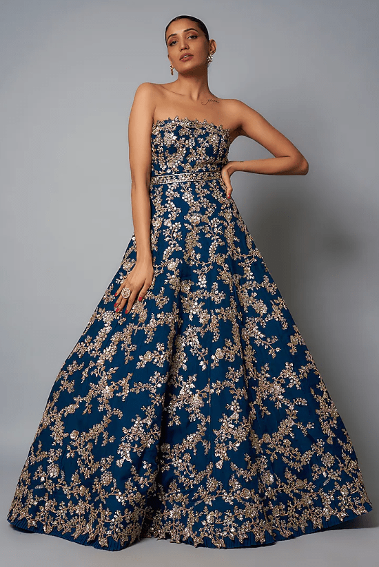 Navy Blue Organza Hand Embroidered Gown  Lady Selection Inc
