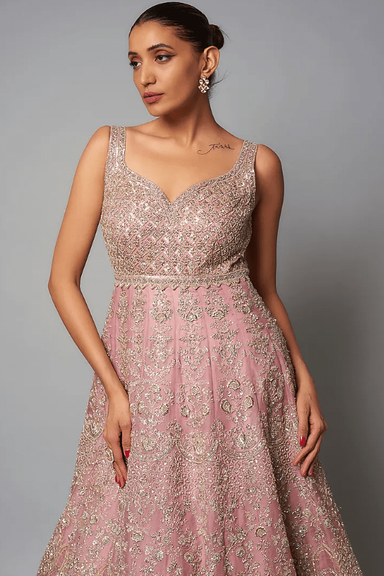 Blush Pink Organza Hand Embroidered Gown - Image 3