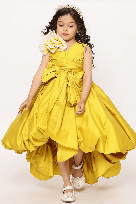 Yellow Taffeta & Silk High-Low Gown For Girls