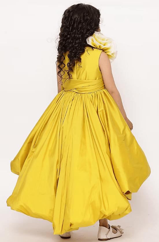 Yellow Taffeta & Silk High-Low Gown For Girls - Image 2
