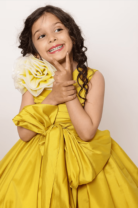 Yellow Taffeta & Silk High-Low Gown For Girls - Image 3