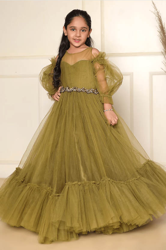 Olive Green Butterfly Net Gown With Belt For Girls