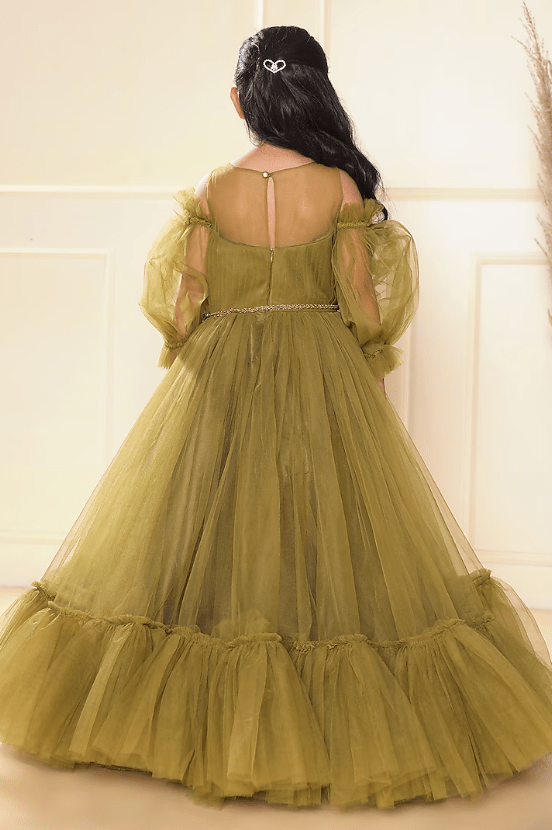 Olive Green Butterfly Net Gown With Belt For Girls - Image 2