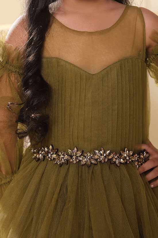 Olive Green Butterfly Net Gown With Belt For Girls - Image 3