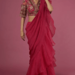 Deep Fuchsia Chiffon Organza Draped Saree Set