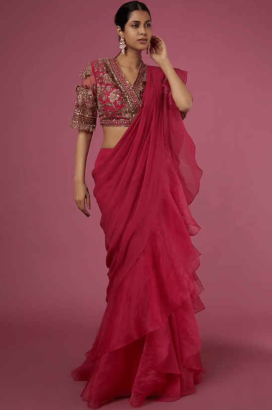 Deep Fuchsia Chiffon Organza Draped Saree Set