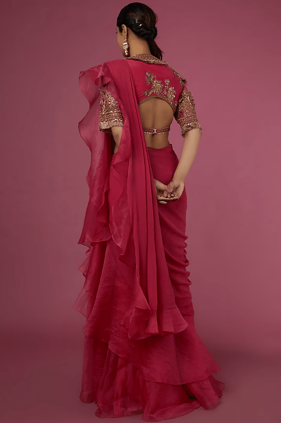 Deep Fuchsia Chiffon Organza Draped Saree Set - Image 2