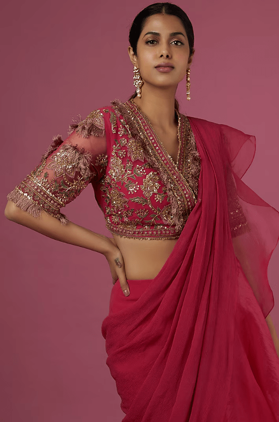 Deep Fuchsia Chiffon Organza Draped Saree Set - Image 3