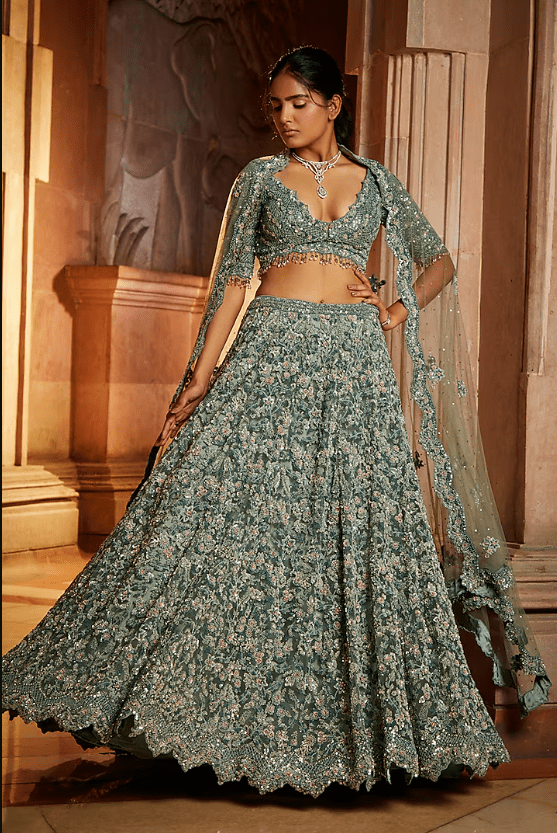 Sage Green Tulle Sequins Embroidered Lehenga Set