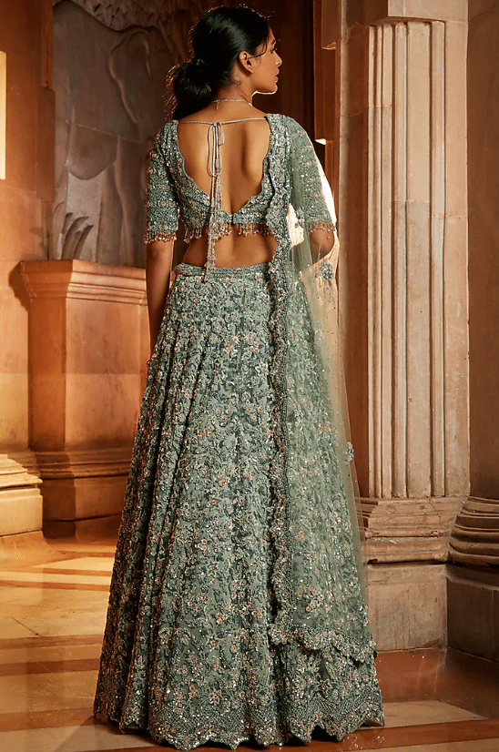 Sage Green Tulle Sequins Embroidered Lehenga Set - Image 2