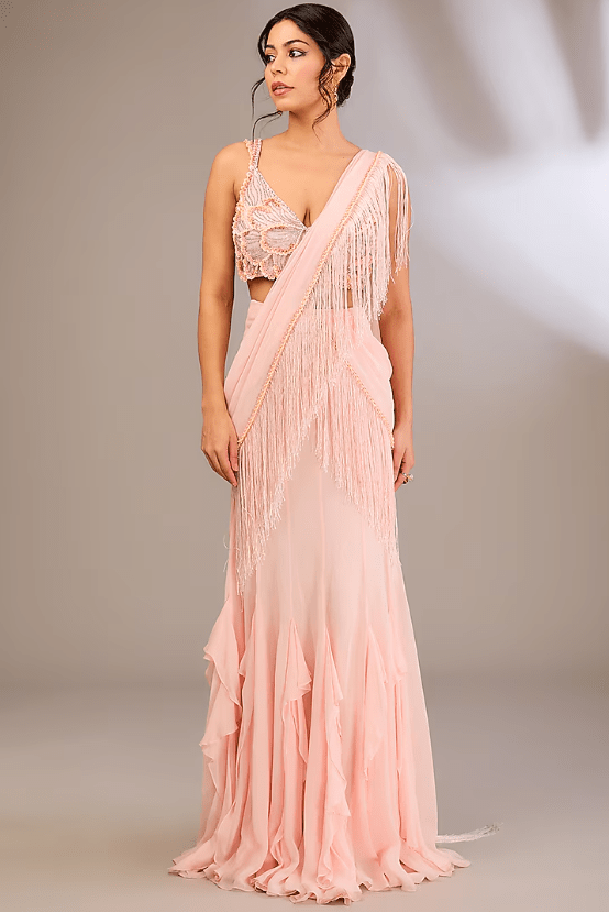 Pink Georgette Embroidered Draped Saree Set