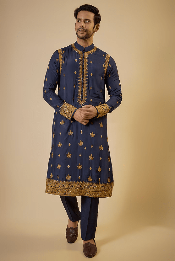 Blue Cotton Silk & Slub Silk Embroidered Kurta Set