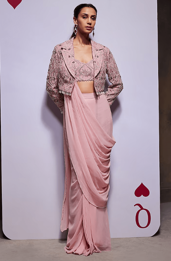 Blush Pink Organza & Georgette Pre-Draped Saree Set