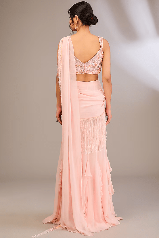 Pink Georgette Embroidered Draped Saree Set - Image 2