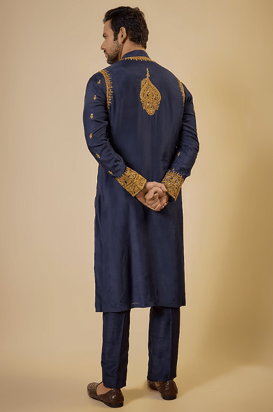 Blue Cotton Silk & Slub Silk Embroidered Kurta Set - Image 2