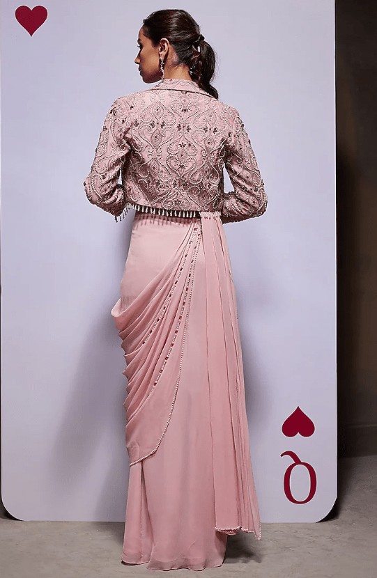 Blush Pink Organza & Georgette Pre-Draped Saree Set - Image 2