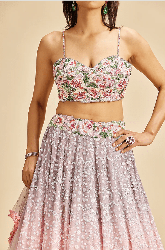 Blush Pink & Lilac Georgette Embroidered Shaded Lehenga Se - Image 3