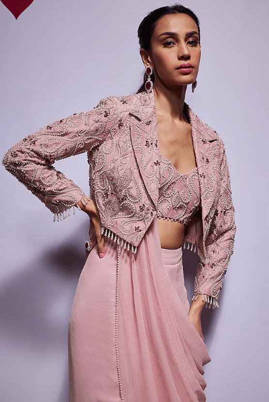 Blush Pink Organza & Georgette Pre-Draped Saree Set - Image 3