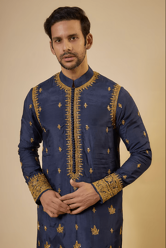 Blue Cotton Silk & Slub Silk Embroidered Kurta Set - Image 4