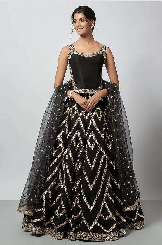 Black Organza Mirror Work Lehenga Set