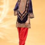 Blue Silk Velvet Ajrakh Printed & Hand Embroidered Kurta Set