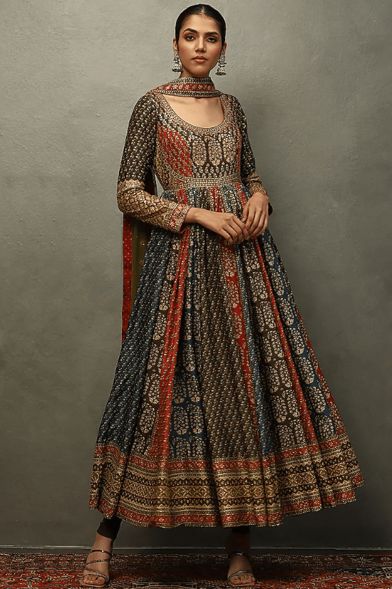 Olive & Red Silk Dupion Aari Hand Embroidered Kurta Set