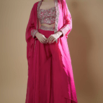 Fuchsia Plant Based Organza Georgette Embroidered Cape Set