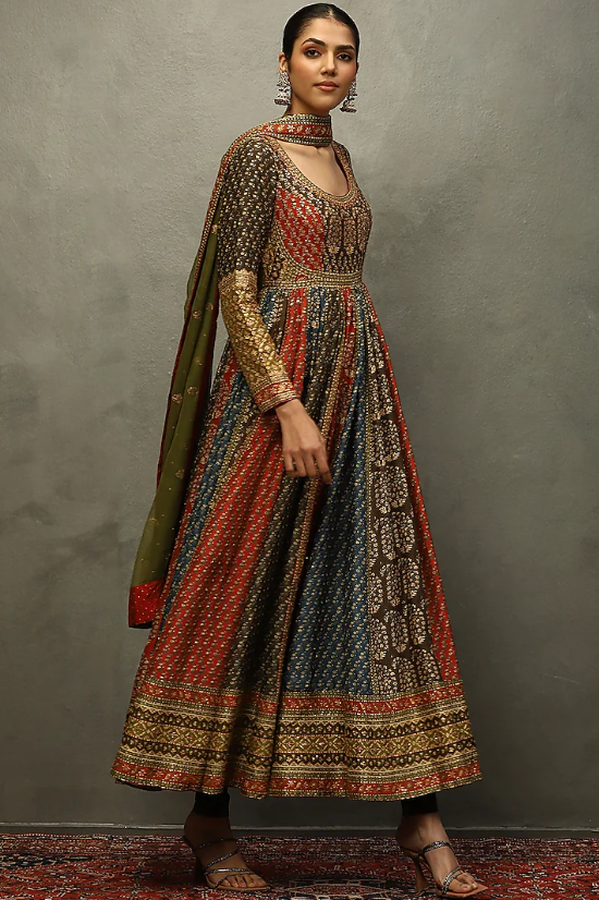 Olive & Red Silk Dupion Aari Hand Embroidered Kurta Set - Image 3