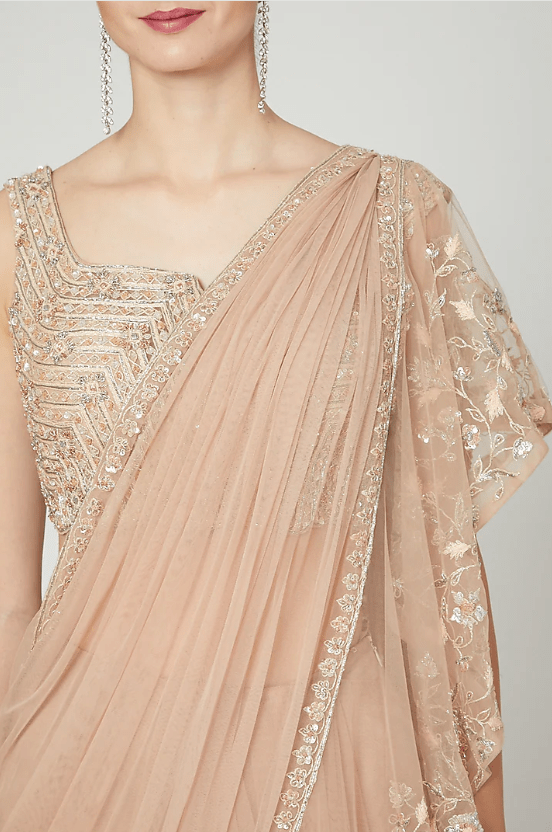 Champagne Net Ruffled & Embroidered Saree Set - Image 3