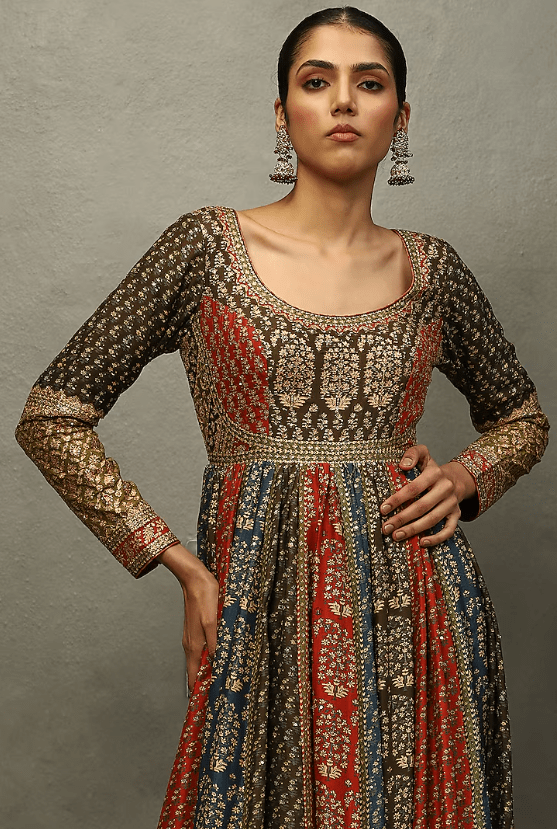 Olive & Red Silk Dupion Aari Hand Embroidered Kurta Set - Image 5