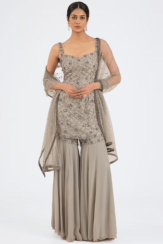 Grey Raw Silk & Georgette Gharara Set
