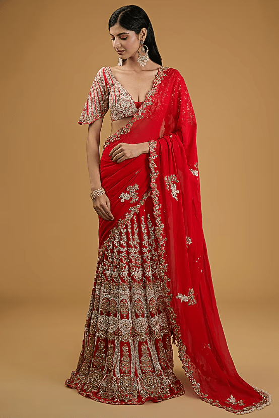Red Chiffon Thread & Pearl Kalidar Saree Set
