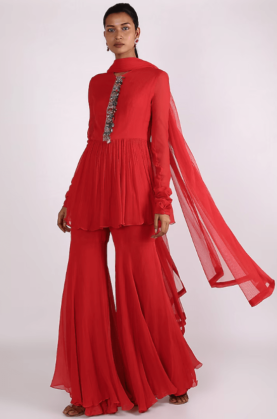 Red Embroidered Sharara Set