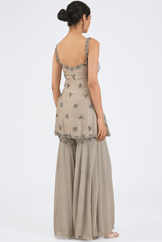 Grey Raw Silk & Georgette Gharara Set - Image 2