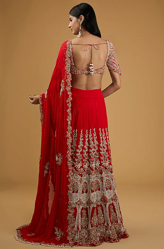 Red Chiffon Thread & Pearl Kalidar Saree Set - Image 2