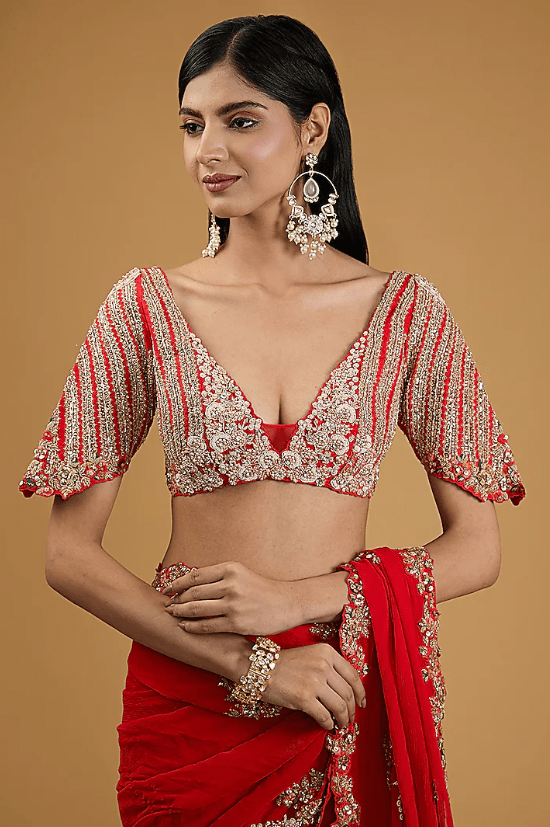 Red Chiffon Thread & Pearl Kalidar Saree Set - Image 3