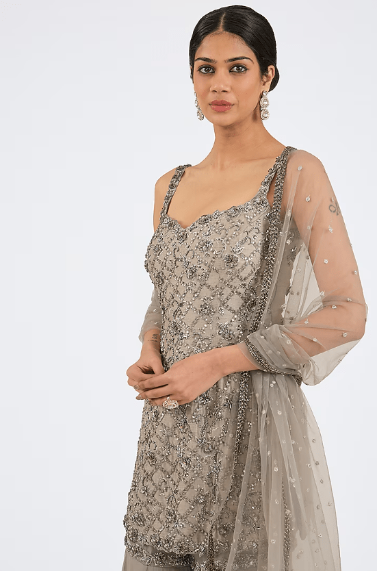 Grey Raw Silk & Georgette Gharara Set - Image 4
